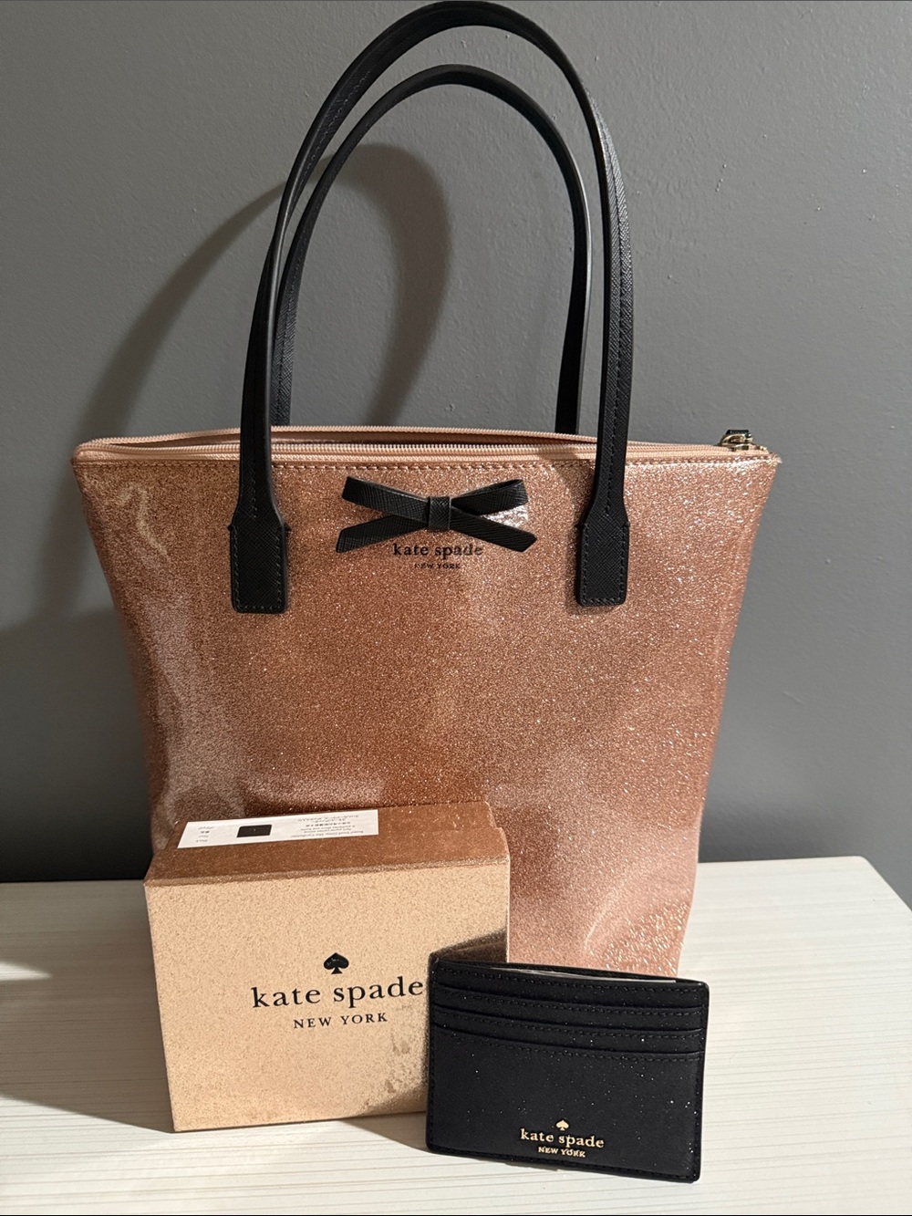 Kate Spade Mavis Street Jeralyn Small Tote glittery rose gold w/ card holder